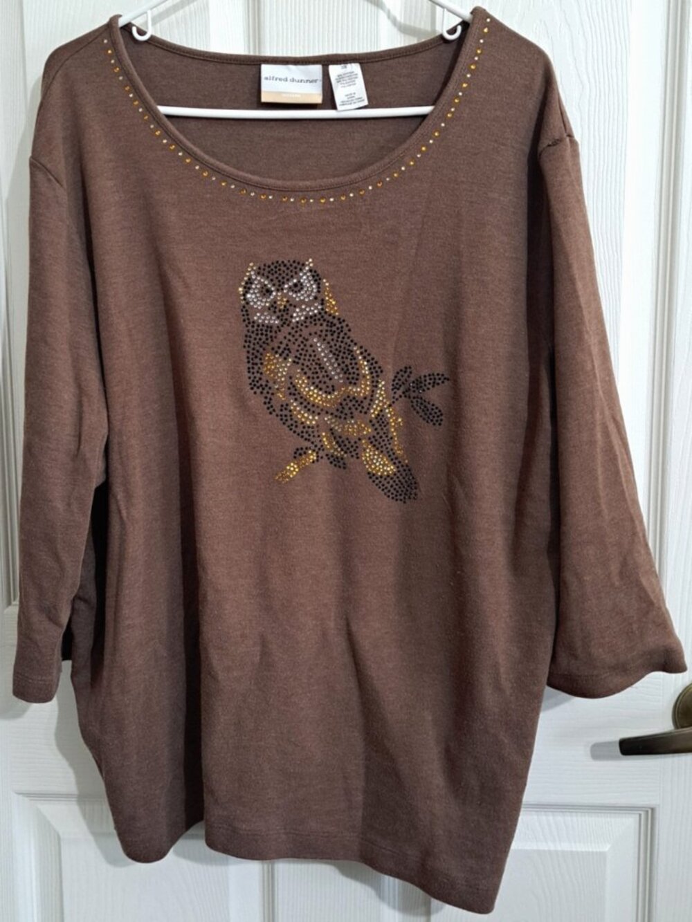 Alfred Dunner Women's 2X Brown 3/4 Sleeve Rhinestone Owl Fall Autumn